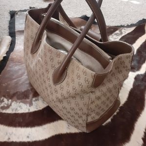Dooney & Bourke signature beige brown canvas leather trim satchel tote handbag
